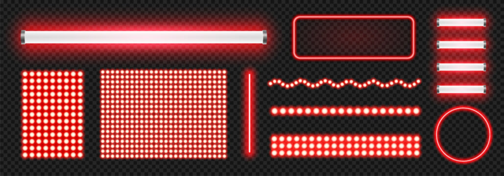 Led light lamp set, bright 3d long neon luminescence light lamp, fluorescent bars with glow effect, dot matrix panels and strip on transparent background, red led light ribbons collection