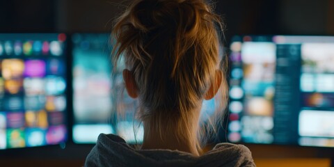 Young person engaged in digital work with multiple screens in a dimly lit room at night