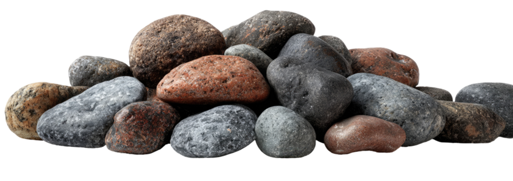 A pile of rounded stones in various shades of brown, gray, and red