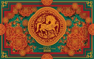 Happy chinese new year 2026 the horse zodiac sign with flower,lantern,asian elements red paper cut style on color background. ( Translation : happy new year 2026 year of the horse )