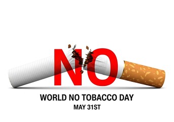 A broken cigarette with the words no and world no tobacco day isolated on white background