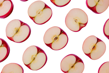 Red apple slices arranged in a symmetrical pattern on a black background.  Each slice shows the core of the apple.  The slices are close together, creating a repeating design