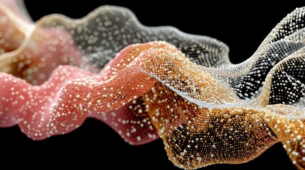 This image showcases a vibrant, flowing wave made of colorful particles on a black background, creating a visually stunning abstract illustration.