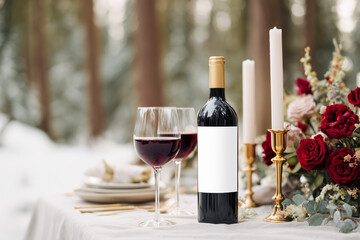 Winter table setting with two red wine glasses and a bottle of red wine with blank mockup label surrounded by rich Christmas arrangement