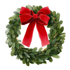 Watercolor Christmas wreath adorned with lush green foliage and a vibrant red velvet bow
