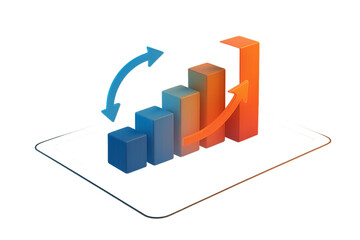 3D Bar Chart Showing Growth on Tablet Display with arrows indicating progress on a transparent background.