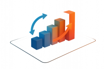 3D Bar Chart Showing Growth on Tablet Display with arrows indicating progress on a transparent background.