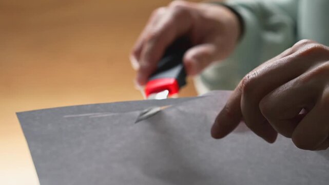 A person cuts paper with a sharp blade of a paper cutter.
A sharp paper cutter cuts a white sheet of paper.
A sharp box cutter.
A sharp object in a person's hands.