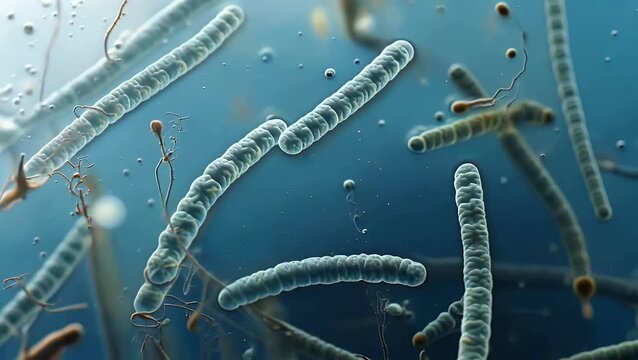 Microscopic Bacteria Cells Organisms Illustration Science Research Blue Background