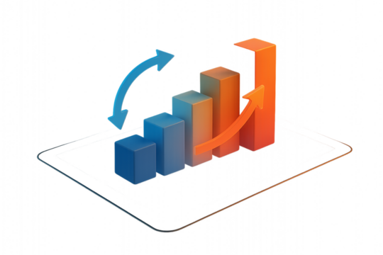 3D Bar Chart Showing Growth on Tablet Display with arrows indicating progress on a transparent background.