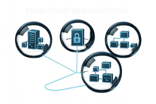 Zero Trust Segmentation Concept with Network Topology and Security Lock in Bubbles on a Transparent Background.