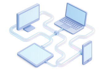 Isometric network diagram illustrating data flow between devices including desktop laptop tablet and smartphone with a transparent background.