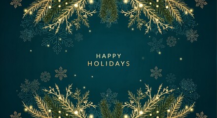 A festive "Happy Holidays" greeting card with golden snowflakes, sparkling lights, and green pine branches on a dark teal background.