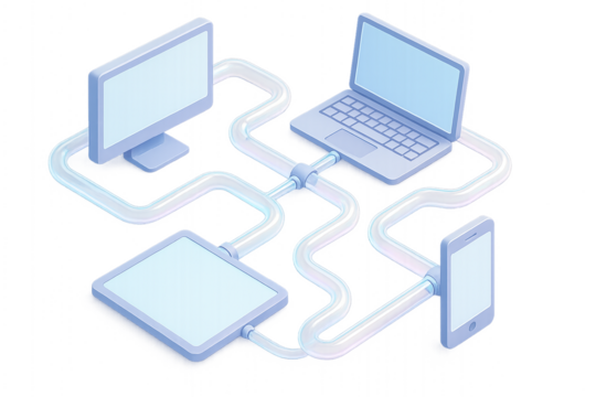 Isometric network diagram illustrating data flow between devices including desktop laptop tablet and smartphone with a transparent background.