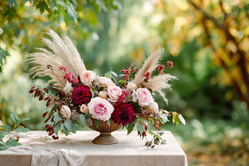 Bohemian-inspired floral centerpiece with pampas grass, roses, and burgundy blooms