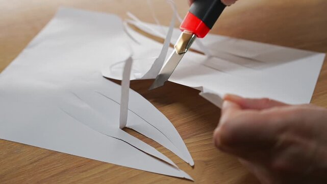A person cuts paper with a sharp blade of a paper cutter.
A sharp paper cutter cuts a white sheet of paper.
A sharp box cutter.
A sharp object in a person's hands.