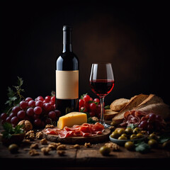 Elegant wine and cheese still life. A cozy gourmet atmosphere celebrating taste, texture, and the art of fine dining.