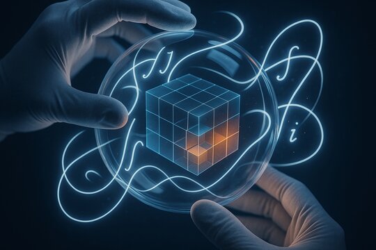 Hands Holding Glowing Cube Inside Sphere with Mathematical Symbols for Abstract Concept