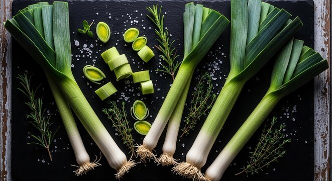 Fresh Leeks and Herbs Arranged on a Dark Surface in a Culinary Setting
