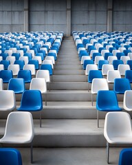 Naklejka premium Symmetrical arrangement of blue and white stadium seats creates striking geometric pattern, evoking sense of order and repetition. empty seats line up in rows, leading up central staircase