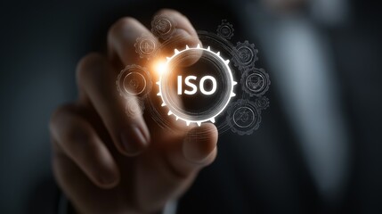 Businessman is holding glowing holographic ISO certification icon, symbolizing quality assurance and standardization in professional setting. image conveys innovation and technology