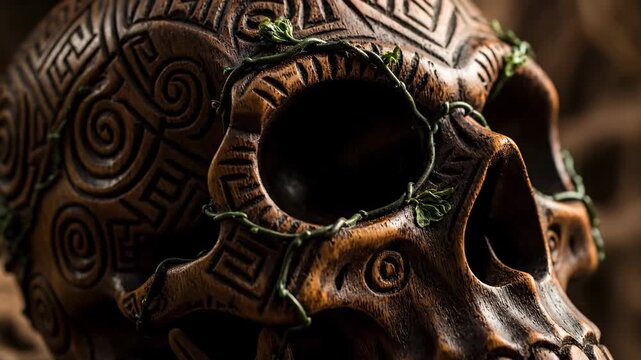 Intricately carved skull with detailed patterns and organic embellishments