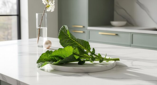 Fresh Greens Placed Elegantly On Kitchen Counter Surrounded By Aesthetic Elements