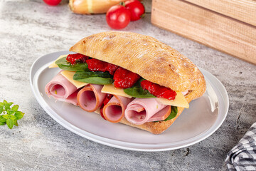 Ciabatta with mortadella, tomato, cheese and spinach