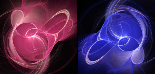 Set of abstract fractal romantic backgrounds with pink and blue layered hearts depicted in light lines. Graphic design elements. 3D rendering. 3D illustration.
