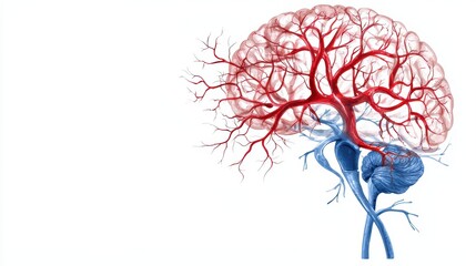 Detailed illustration of human brain anatomy showing blood vessels and neural connections for medical education and research