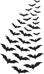 A swarm of silhouetted bats flying in formation against a white background