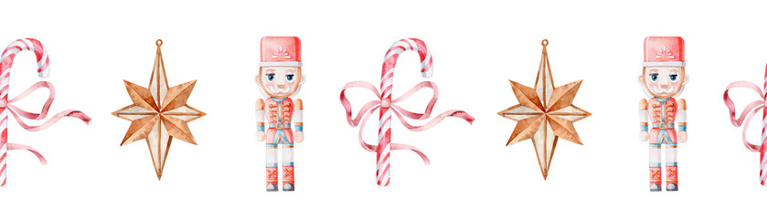 Fototapeta premium Vintage Nutcracker Christmas Border with Candy Canes and Stars