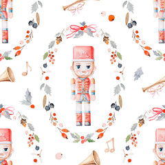 Naklejka premium Nutcracker Christmas Pattern — Watercolor Toy Soldier and Winter Foliage