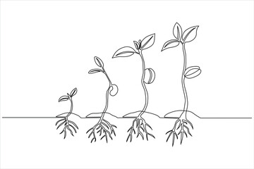 Minimalist single-line art illustration of a young green seedling's development