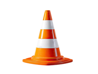 Orange traffic cone with white stripes against black background