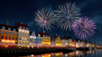 Colorful fireworks over a charming waterfront with brightly lit historic buildings at night