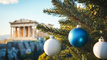 Christmas tree ornaments with the ancient Parthenon in the blurred background