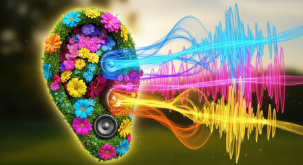 Obraz premium Nature-Inspired Ear Illustration Radiating Colorful Audio Waves