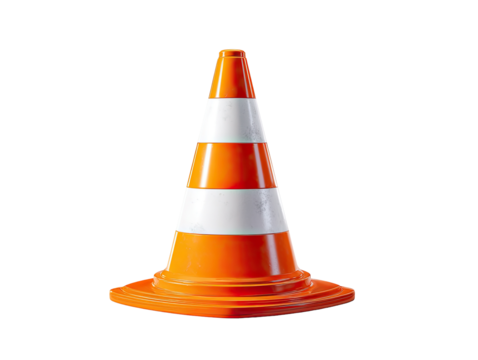 Orange traffic cone with white stripes against black background