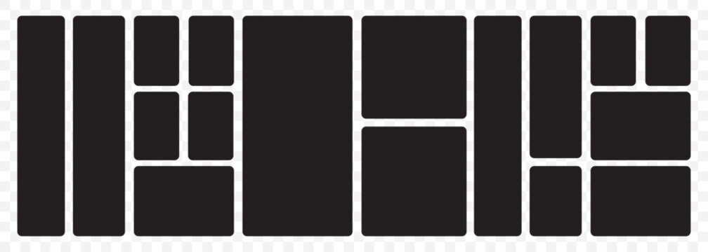 Vector collage for photos. Picture frame. Vector blank in bento grid system. Bento style layout grid templates. Web comics grids, various panel arrangements and different size tiles vector set. EPS 10