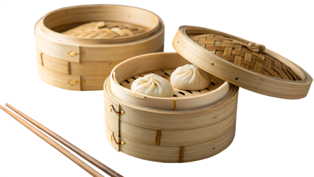 Crafting traditional bamboo steamers in a scenic arrangement cut out on PNG. AI GENERATED.