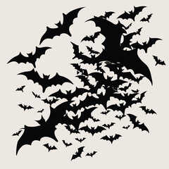 A large swarm of silhouetted bats flying in a chaotic formation against a light background