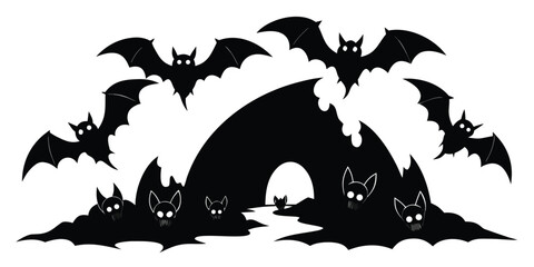 Spooky halloween silhouette of a haunted castle with flying bats against a white background