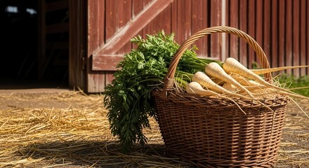 Fresh Harvest of Parsnips in a Wicker Basket Beside an Old Barn Door
