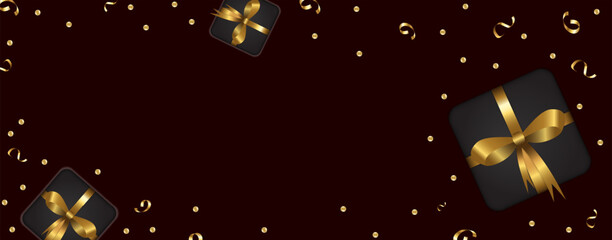 Gift boxes on a dark background with confetti. Christmas, birthday, holiday, Valentine's Day, anniversary, sale, promotion, banner frame. Top view. Flat lay. Vector illustration.