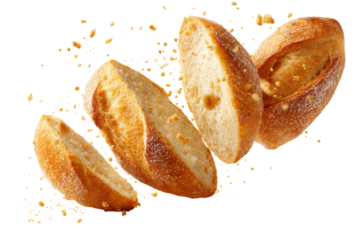 Crispy sliced baguette bread with flying crumbs isolated on transparent background