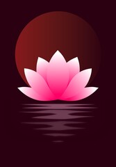 A minimalist illustration of a lotus hovering over water against a moon. A symbol of harmony, tranquility, and inner balance. Soft gradients and flowing shapes create an atmosphere of peace and balanc