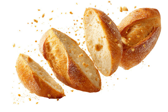 Crispy sliced baguette bread with flying crumbs isolated on transparent background