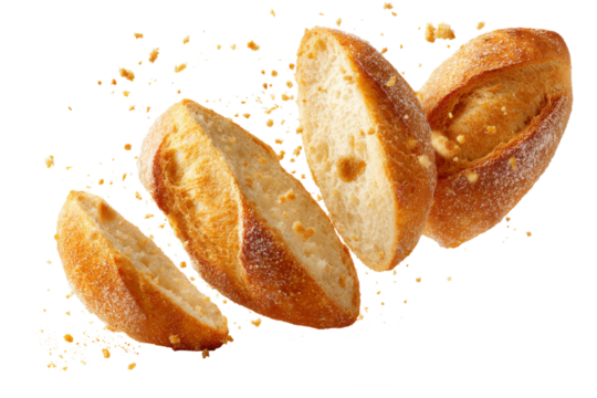 Crispy sliced baguette bread with flying crumbs isolated on transparent background