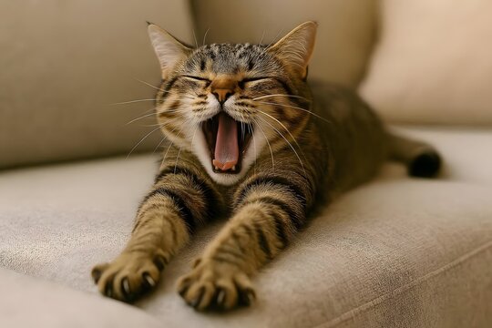 Yawning tabby cat